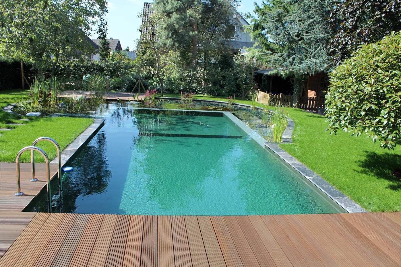 Ein Schwimmteich mit einer Holzterrasse aus Bangkirai-Holz und schönen Wasserpflanzen um den Regenerationsbereich herum in Hamminkeln