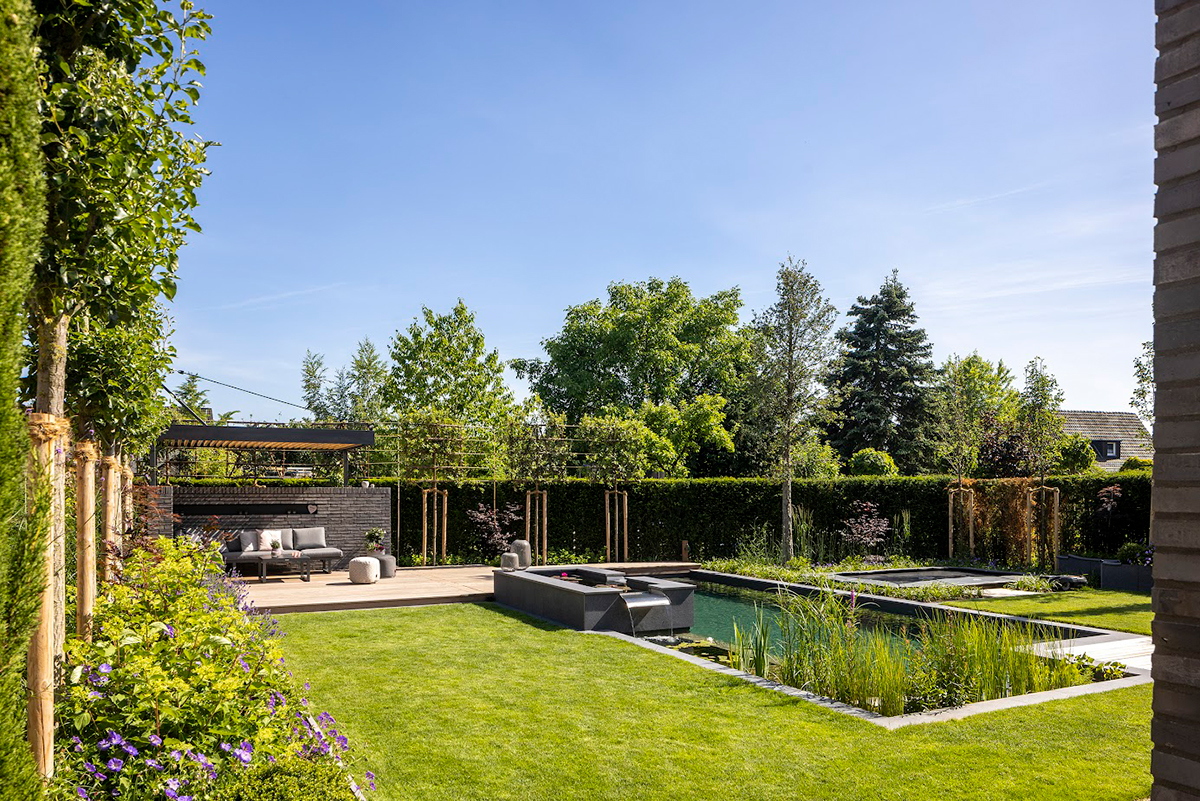 Eine moderne Gartenanlage mit einem Schwimmteich mit einem Wasserelement und einer Holzterrasse von Garten Bitters.