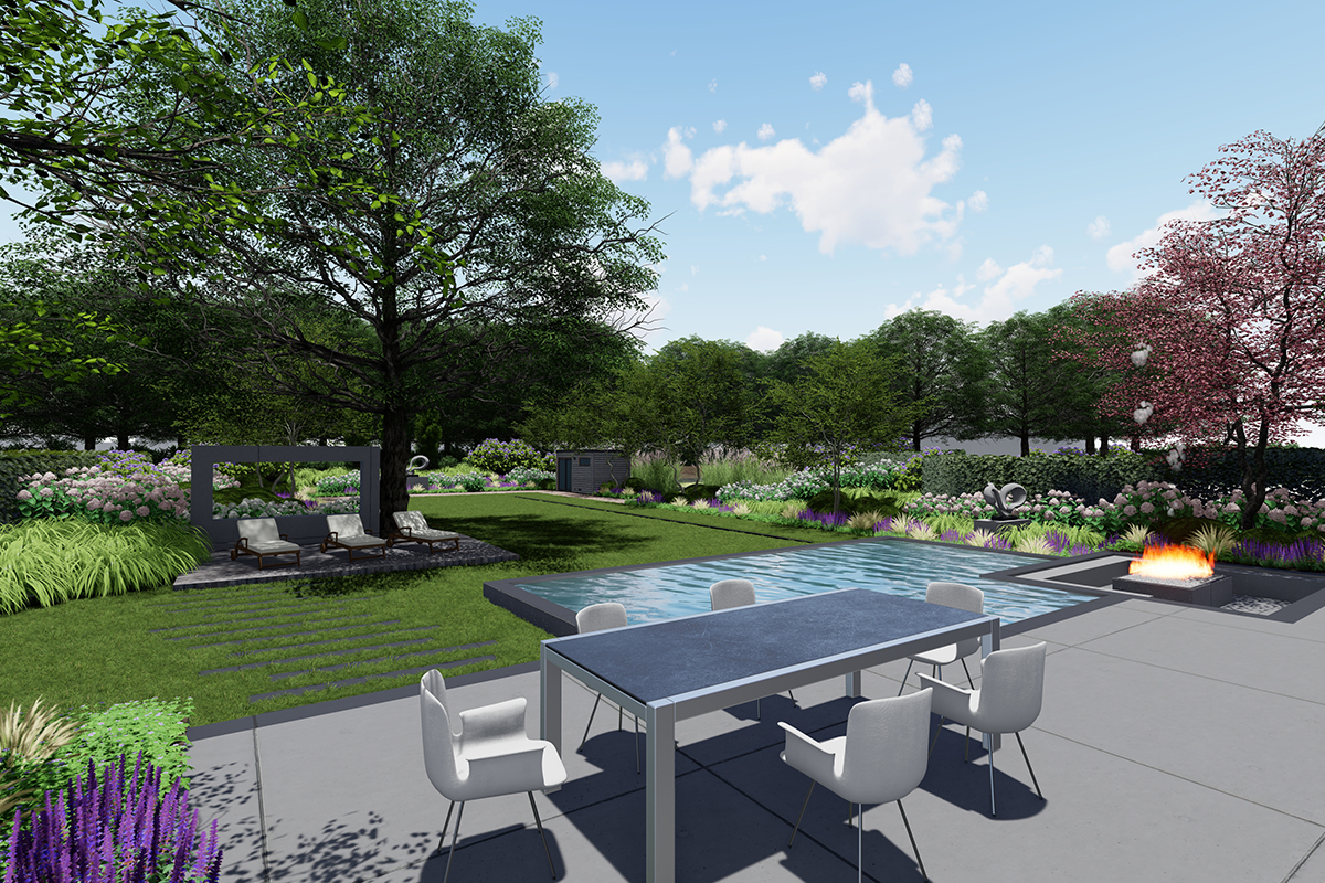 Eine 3D-Visualisierung einer modernen Gartenplanung mit Terrasse, Essbereich, Pool, Feuerstelle.