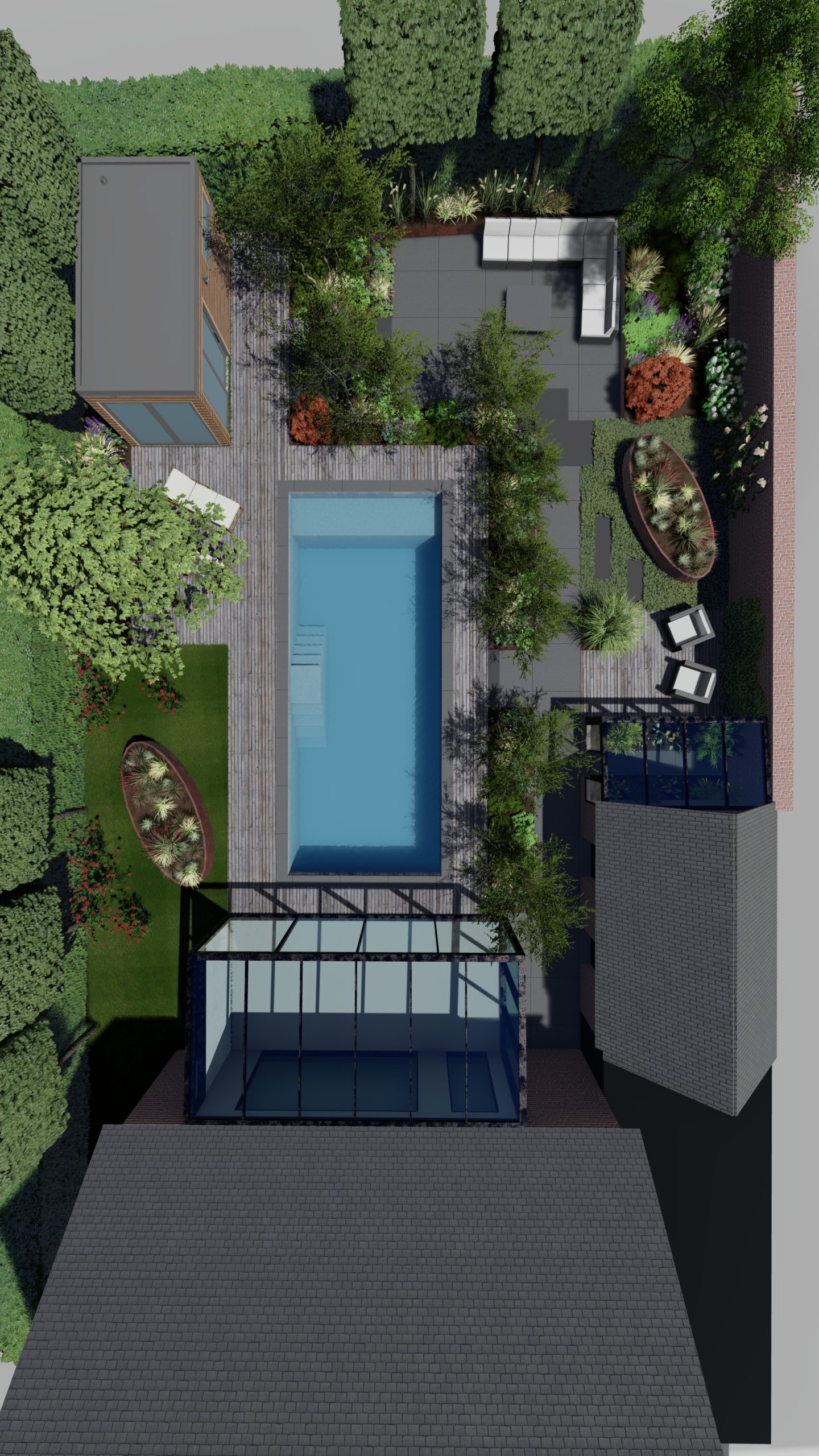 Eine 3-D Gartenplanung eines großen Pools, mit doppelseitiger Treppe, als Teil der Leistungen von Garten Bitters.