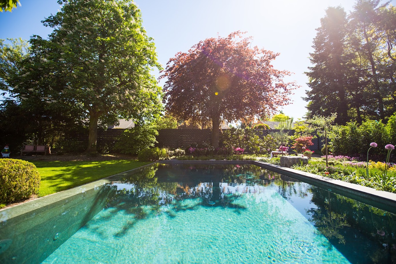 Detailaufnahme eines Natursteinpools in einem Garten mit vielen Bäumen