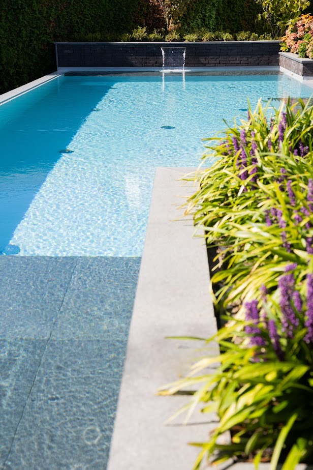 Ein Schwimmteich, gebaut von Garten Bitters, mit sanfter Schwallbrause und Bepflanzung außerhalb des Pools.