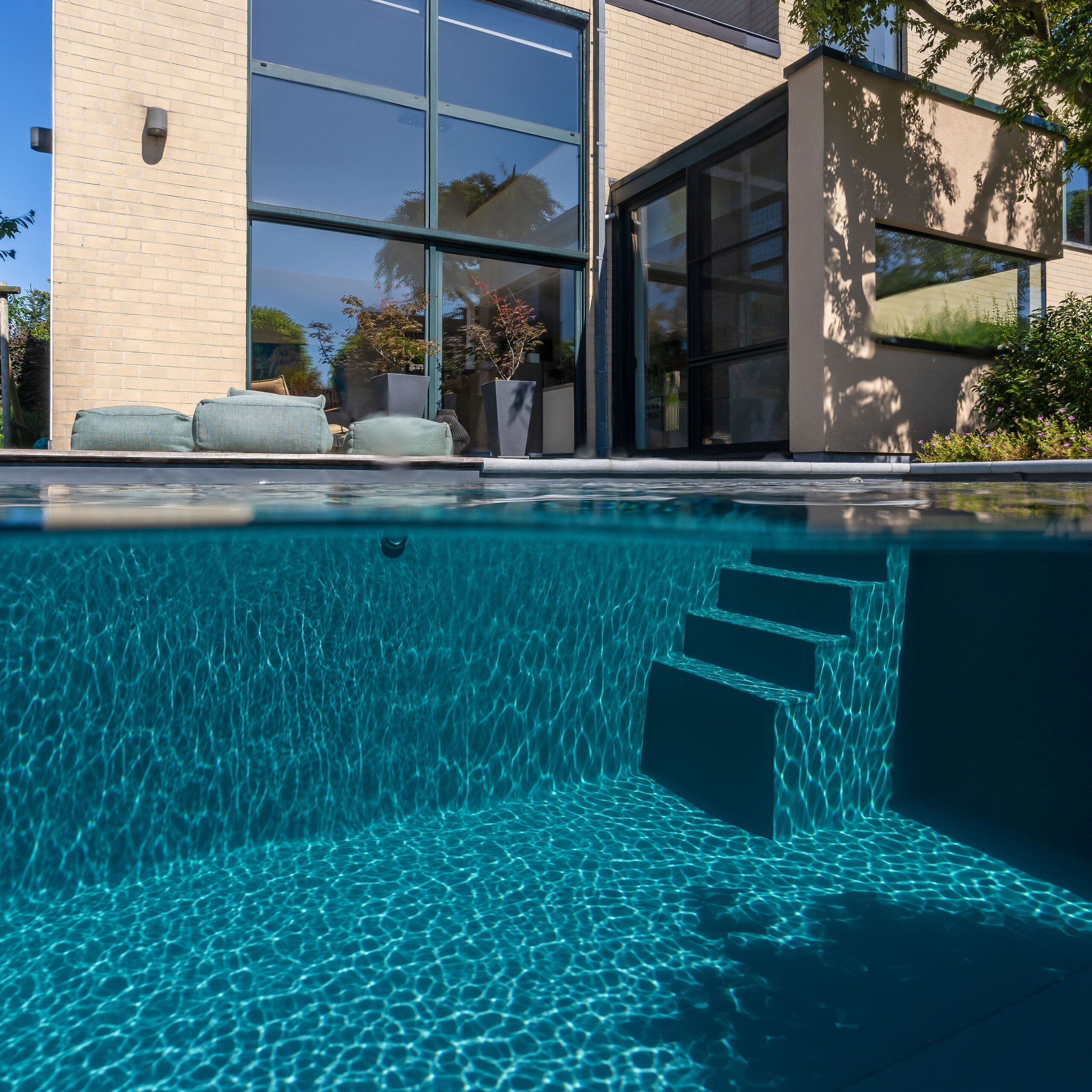Ein Biotop-Pool von Garten Bitters, fotografiert von Höhe der Wasseroberfläche, mit Stufen im Wasser und Sitzsäcken.