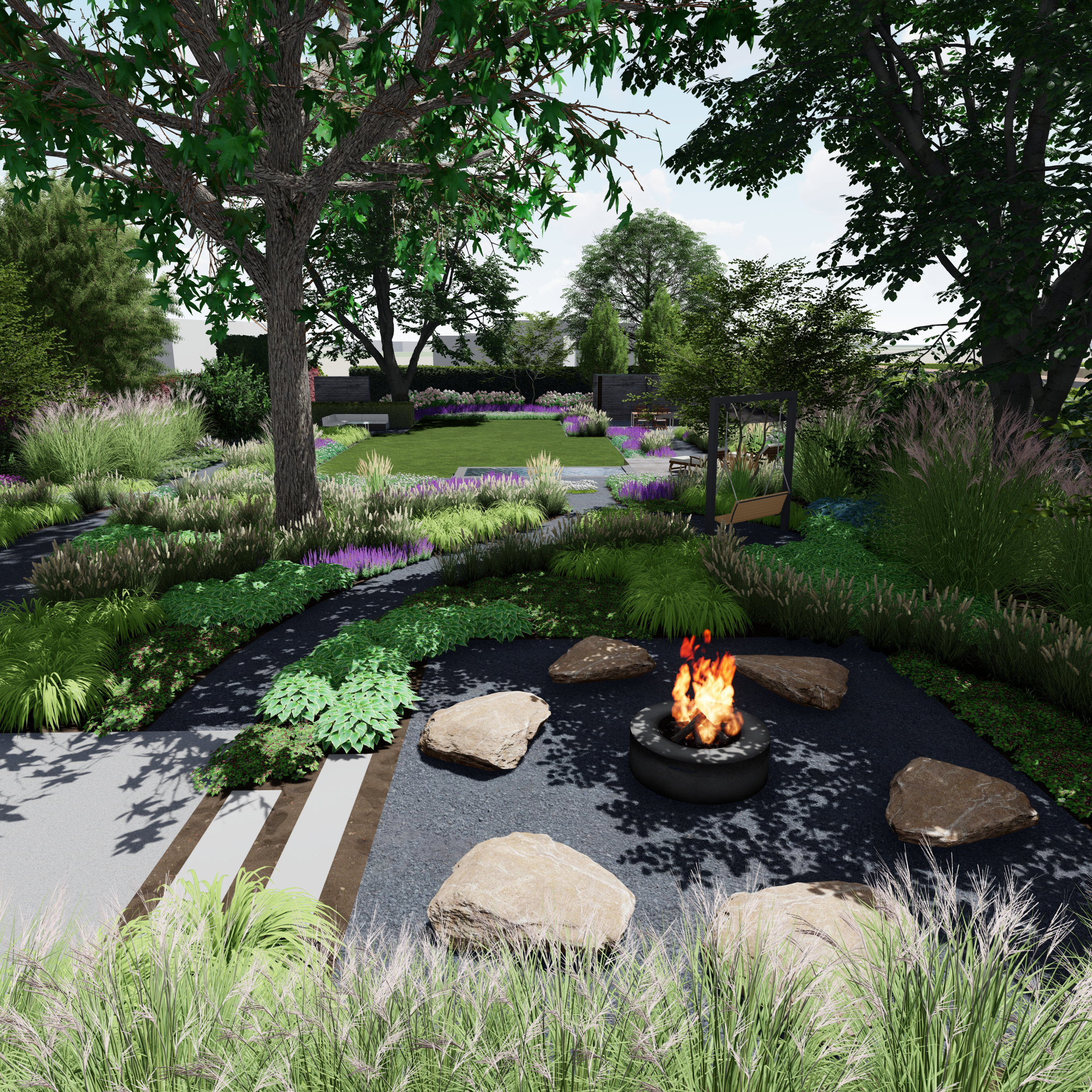 Eine Feuerstelle mit Sitzmöglichkeiten, die durch Schattenanalyse von Garten Bitters and den richtigen Ort gebaut wurde.